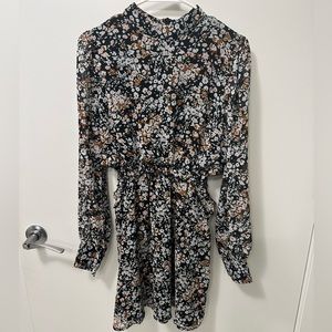 Lulus Autumn Bliss Black Floral Print Long Sleeve Cutout Mini Dress- M